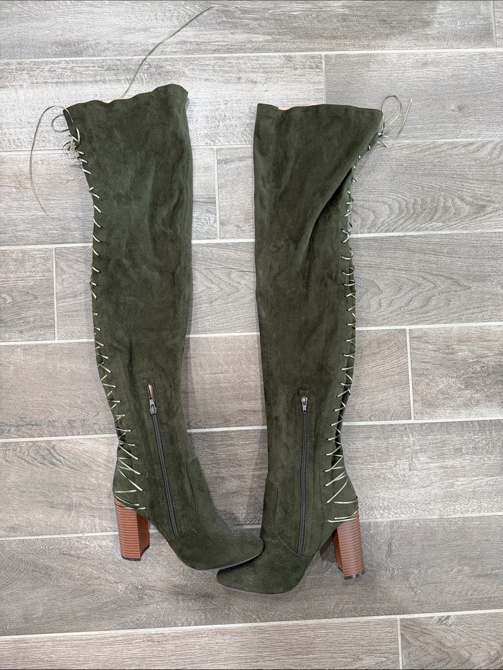 Chase + Chloe Olive Suede Over-the-Knee Lace-Up Block Heel Boots
